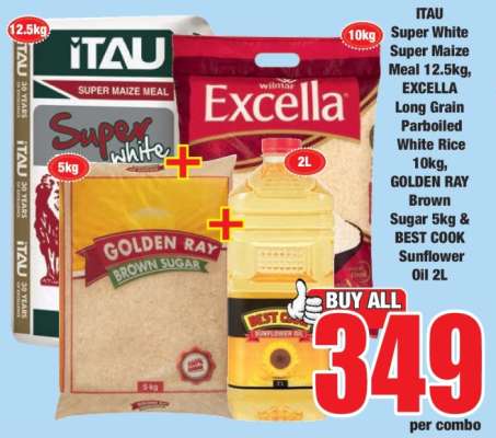 ITAU Super White Super Maize Meal 12.5kg, EXCELLA Long Grain Parboiled White Rice 10kg, GOLDEN RAY Brown Sugar 5kg & BEST COOK Sunflower Oil 2L
