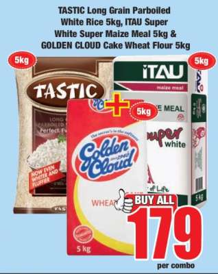 TASTIC Long Grain Parboiled White Rice 5kg, ITAU Super White Super Maize Meal 5kg & GOLDEN CLOUD Cake Wheat Flour 5kg
