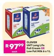 CLOVER UHT Long Life Full Cream OR Low Fat Milk 6 x 1 L