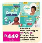 Pampers Ultra Skin Nappies OR Pants OR Premium Care Nappies Mega Box Assorted Sizes