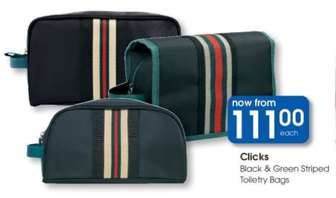 Clicks Black & Green Striped Toiletry Bags
