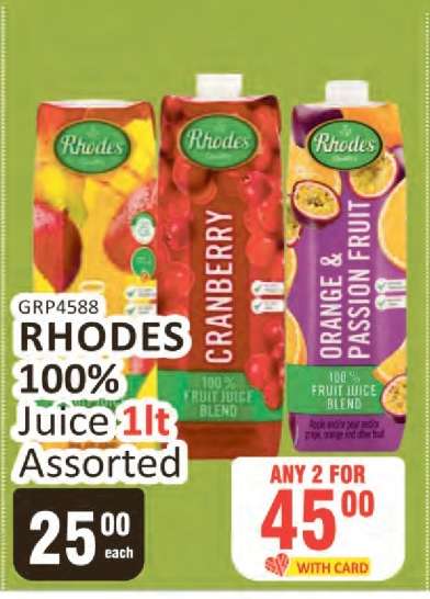RHODES 100% Juice 1lt Assorted