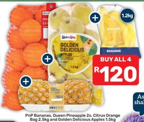 PnP Bananas, Queen Pineapple 2s, Citrus Orange Bag 2.5kg and Golden Delicious Apples 1.5kg