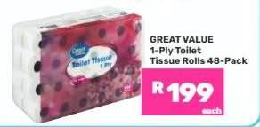 Great Value 1 Ply Toilet Tissue Rolls 48-Pack