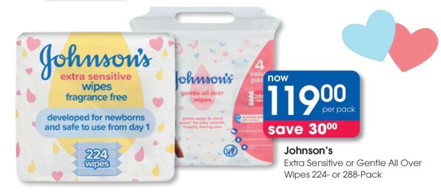Johnson's Extra Sensitive or Gentle All Over Wipes 224- or 288-Pack