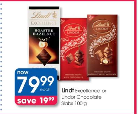 Lindt Excellence or Lindor Chocolate Slabs 100 g