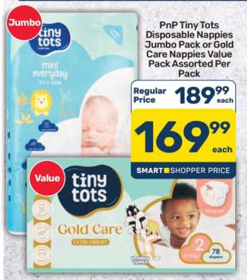PnP Tiny Tots Disposable Nappies Jumbo Pack or Gold Care Nappies Value Pack Assorted Per Pack
