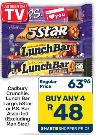 Cadbury Crunchie, Lunch Bar Large, 5Star or P.S. Bar Assorted