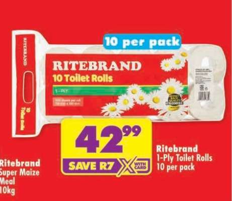 RITEBRAND 1-PLY TOILET ROLLS 10 per pack