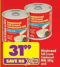 Ritebrand Full Cream Condensed Milk 385g each
