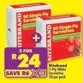 Ritebrand 1-Ply White Serviettes