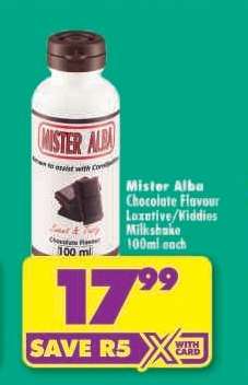 Mister Alba Chocolate Flavour Laxative/Kiddies Milkshake 100ml each
