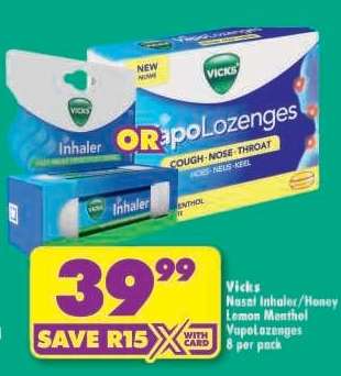 Vicks Nasal Inhaler/Honey Lemon Menthol VapoLozenges 8 per pack