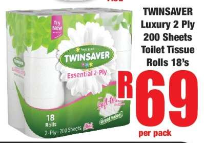 TWINSAVER Luxury 2 Ply 200 Sheets Toilet Tissue Rolls 18's