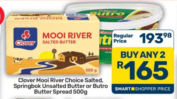Clover Mooi River Choice Salted, Springbok Unsalted Butter or Butro Butter Spread 500g