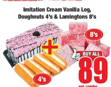 Imitation Cream Vanilla Log, Doughnuts 4's & Lamingtons 8's