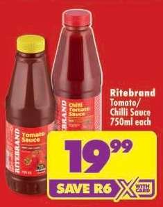 Ritebrand Tomato/Chilli Sauce 750ml each
