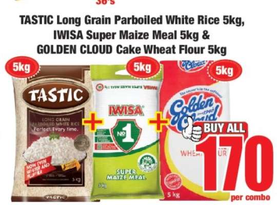 TASTIC Long Grain Parboiled White Rice 5kg, IWISA Super Maize Meal 5kg & GOLDEN CLOUD Cake Wheat Flour 5kg