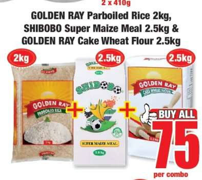 GOLDEN RAY Parboiled Rice 2kg, SHIBOBO Super Maize Meal 2.5kg & GOLDEN RAY Cake Wheat Flour 2.5kg
