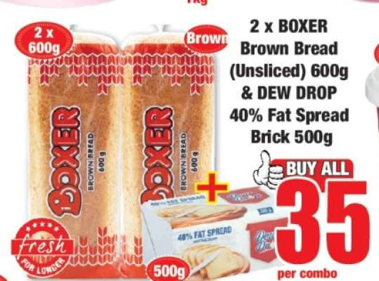 2 x BOXER Brown Bread (Unsliced) 600g & DEW DROP 40% Fat Spread Brick 500g