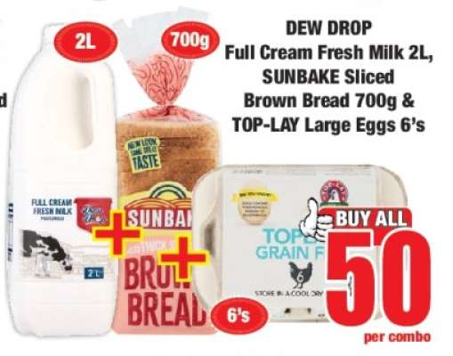 DEW DROP Full Cream Fresh Milk 2L, SUNBAKE Sliced Brown Bread 700g & TOP-LAY Large Eggs 6's