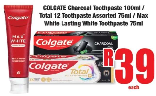 COLGATE Charcoal Toothpaste 100ml / Total 12 Toothpaste Assorted 75ml / Max White Lasting White Toothpaste 75ml