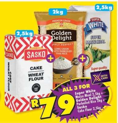 Super White Maize Meal 2,5kg, Golden Delight Parboiled Rice 2kg, Sasko Cake Flour 2,5kg