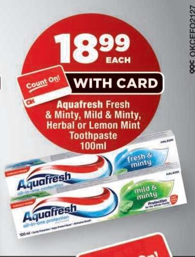 Aquafresh Fresh & Minty, Mild & Minty, Herbal or Lemon Mint Toothpaste