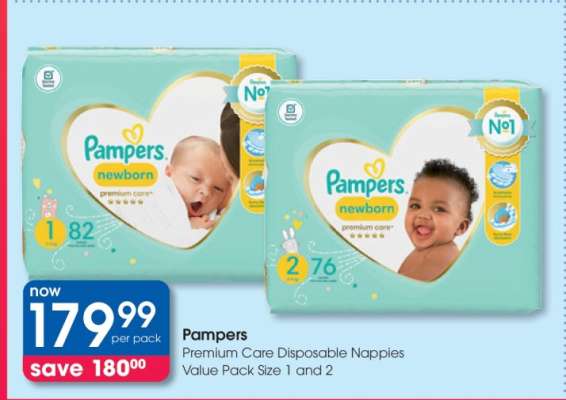 Pampers Premium Care Disposable Nappies Value Pack Size 1 and 2