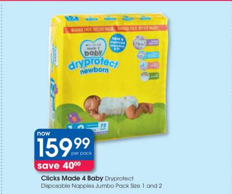 Clicks Made 4 Baby Dryprotect Disposable Nappies Jumbo Pack Size 1 and 2