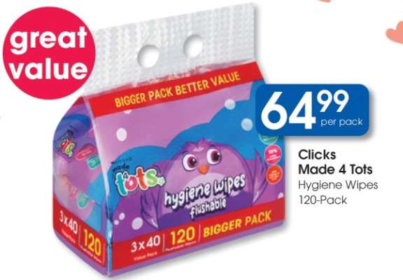 Clicks Made 4 Tots Hygiene Wipes 120-Pack