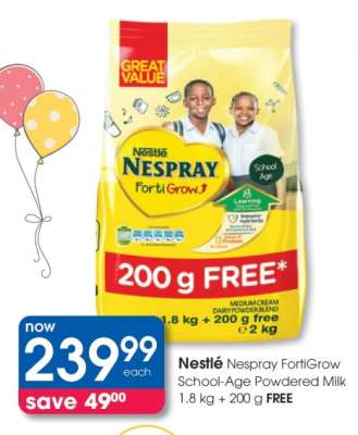 Nestlé Nespray FortiGrow School-Age Powdered Milk 1.8 kg + 200 g FREE