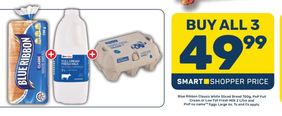 Blue Ribbon Classic White Sliced Bread 700g, PnP Full Cream or Low Fat Fresh Milk 2 Litre and PnP no name™ Eggs Large 6s