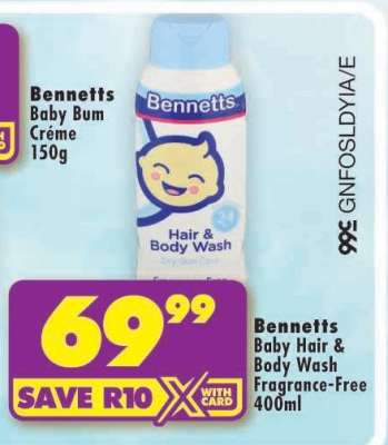 Bennetts Baby Hair & Body Wash Fragrance-Free 400ml