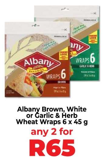 Albany Brown, White, or Garlic & Herb Wheat Wraps 6 x 45 g