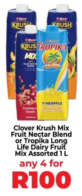 Clover Krush Mix Fruit Nectar Blend or Tropika Long Life Dairy Fruit Mix Assorted 1 L