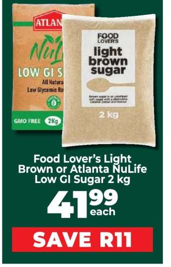 Food Lover’s Light Brown or Atlanta NuLife Low GI Sugar 2 kg