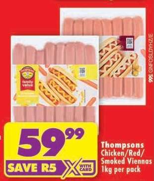 Thompsons Chicken/Red/Smoked Viennas 1kg per pack