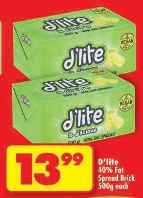 D'lite 40% Fat Spread Brick 500g each