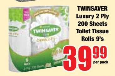 TWINSAVER Luxury 2 Ply 200 Sheets Toilet Tissue Rolls 9's