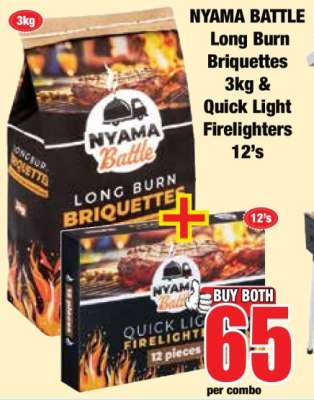 NYAMA BATTLE Long Burn Briquettes 3kg & Quick Light Firelighters 12's