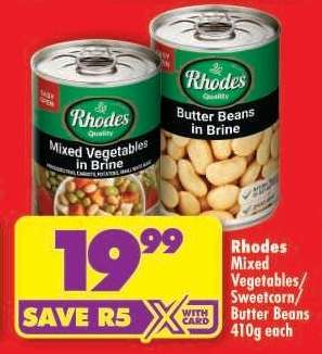 Rhodes Mixed Vegetables/Sweetcorn/Butter Beans 410g each