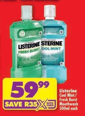 Listerine Cool Mint/Fresh Burst Mouthwash 500ml each