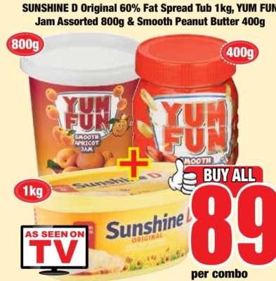 SUNSHINE D Original 60% Fat Spread Tub 1kg, YUM FUN Jam Assorted 800g & Smooth Peanut Butter 400g