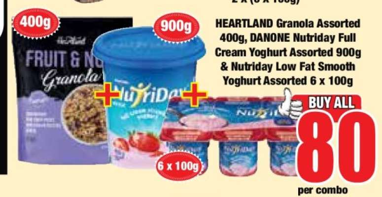 HEARTLAND Granola Assorted 400g, DANONE Nutriday Full Cream Yoghurt Assorted 900g & Nutriday Low Fat Smooth Yoghurt Assorted 6 x 100g