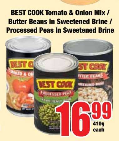 BEST COOK Tomato & Onion Mix / Butter Beans In Sweetened Brine / Processed Peas In Sweetened Brine