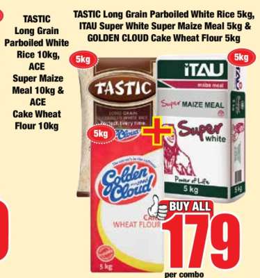 TASTIC Long Grain Parboiled White Rice 5kg, ITAU Super White Super Maize Meal 5kg & GOLDEN CLOUD Cake Wheat Flour 5kg