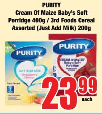 PURITY Cream of Maize Baby’s Soft Porridge 400g / 3rd Foods Cereal Assorted (Just Add Milk) 200g