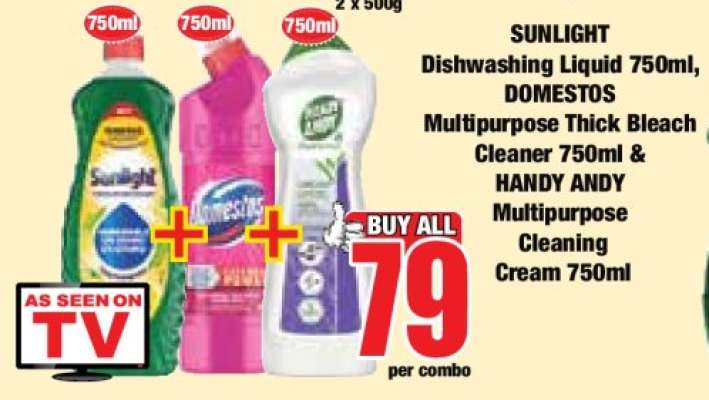 SUNLIGHT Dishwashing Liquid 750ml, DOMESTOS Multipurpose Thick Bleach Cleaner 750ml & HANDY ANDY Multipurpose Cleaning Cream 750ml