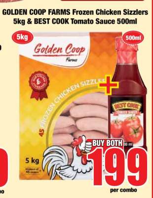 GOLDEN COOP Farms Frozen Chicken Sizzlers 5kg & BEST COOK Tomato Sauce 500ml